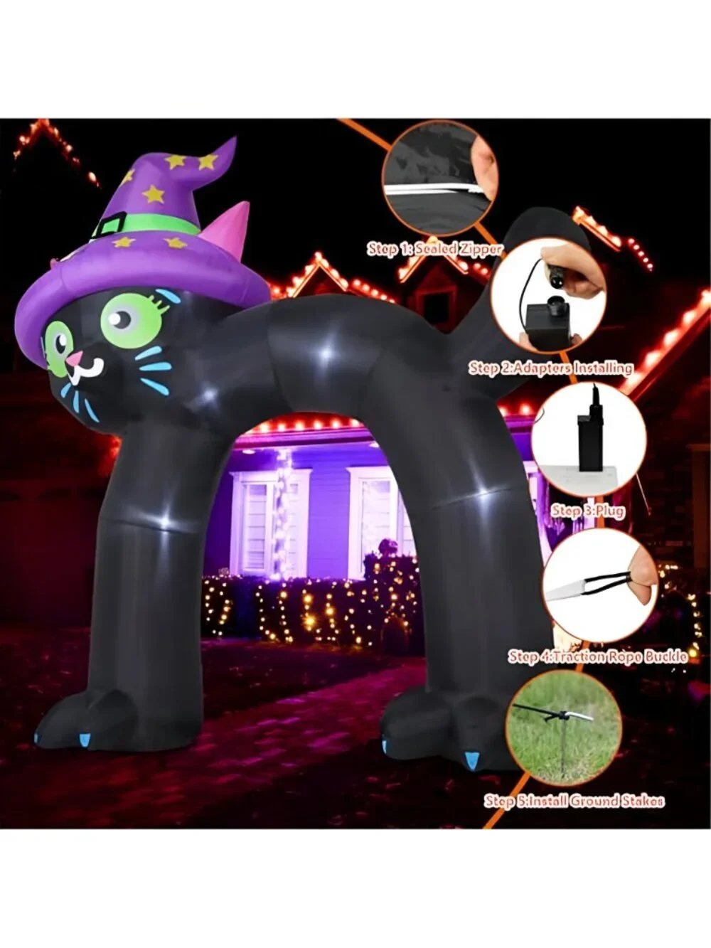 14FT Halloween Inflatables Outdoor Decorations Black Cat Arch Blow Up Yard